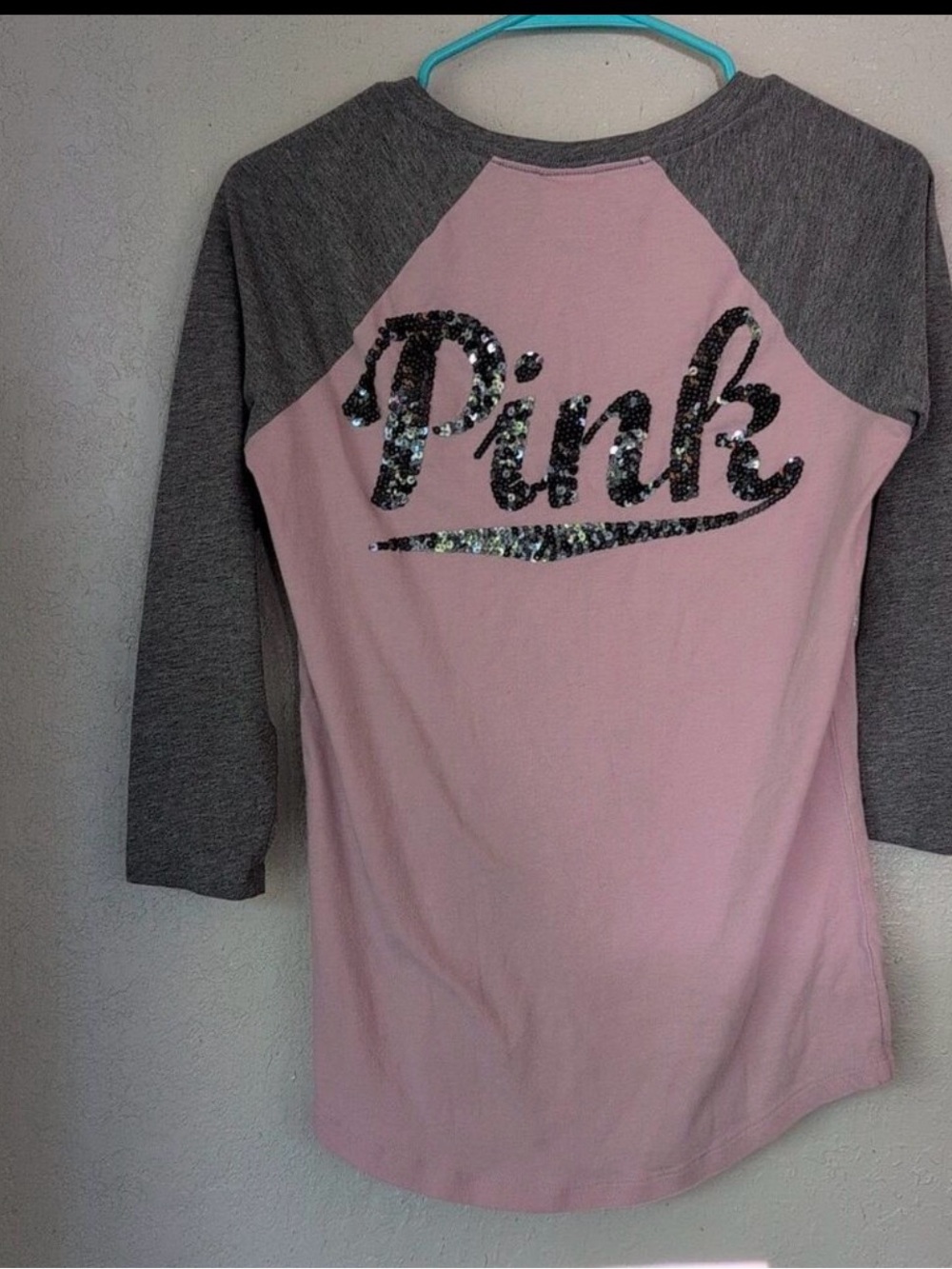 Victoria's Secret PINK and Charcoal Bling Raglan 3/4 Sleeve Tee - Picture 3 of 4